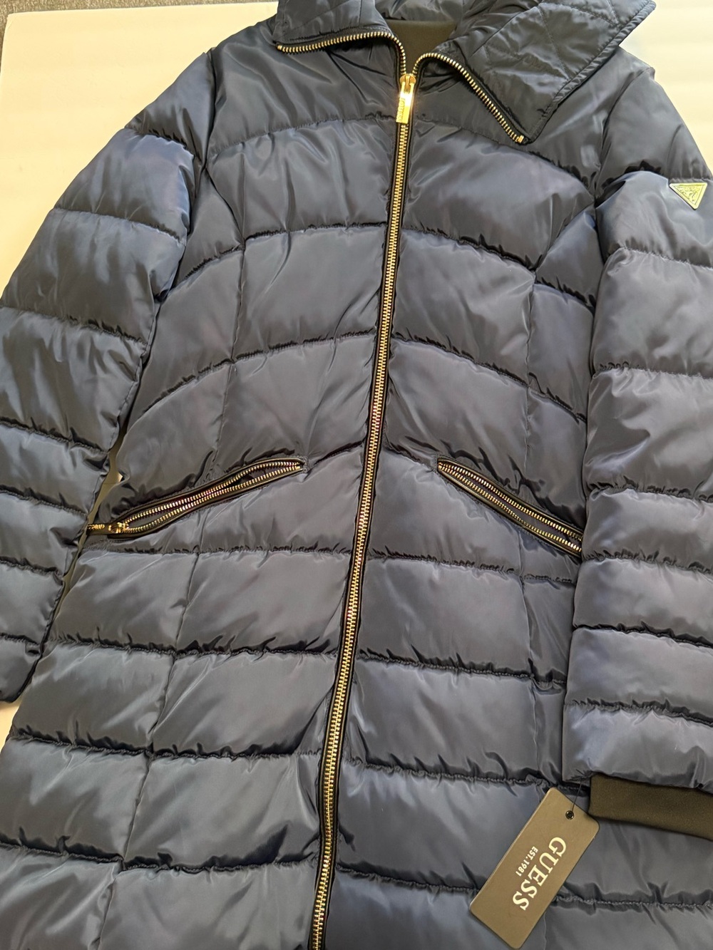 Guess Long Quilted Puffer Coat in Navy Blue with Gold Zippers